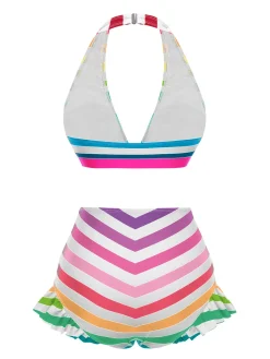Best Retro Stage Rainbow 1950s Contrast Bow Ruffle Stripes Bikini