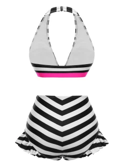 Best Retro Stage Rainbow 1950s Contrast Bow Ruffle Stripes Bikini