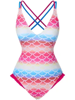 Hot Retro Stage Rainbow 1970s Mermaid Scale Ruffle One-Piece Swimsuit Pink