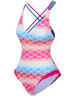 Hot Retro Stage Rainbow 1970s Mermaid Scale Ruffle One-Piece Swimsuit Pink