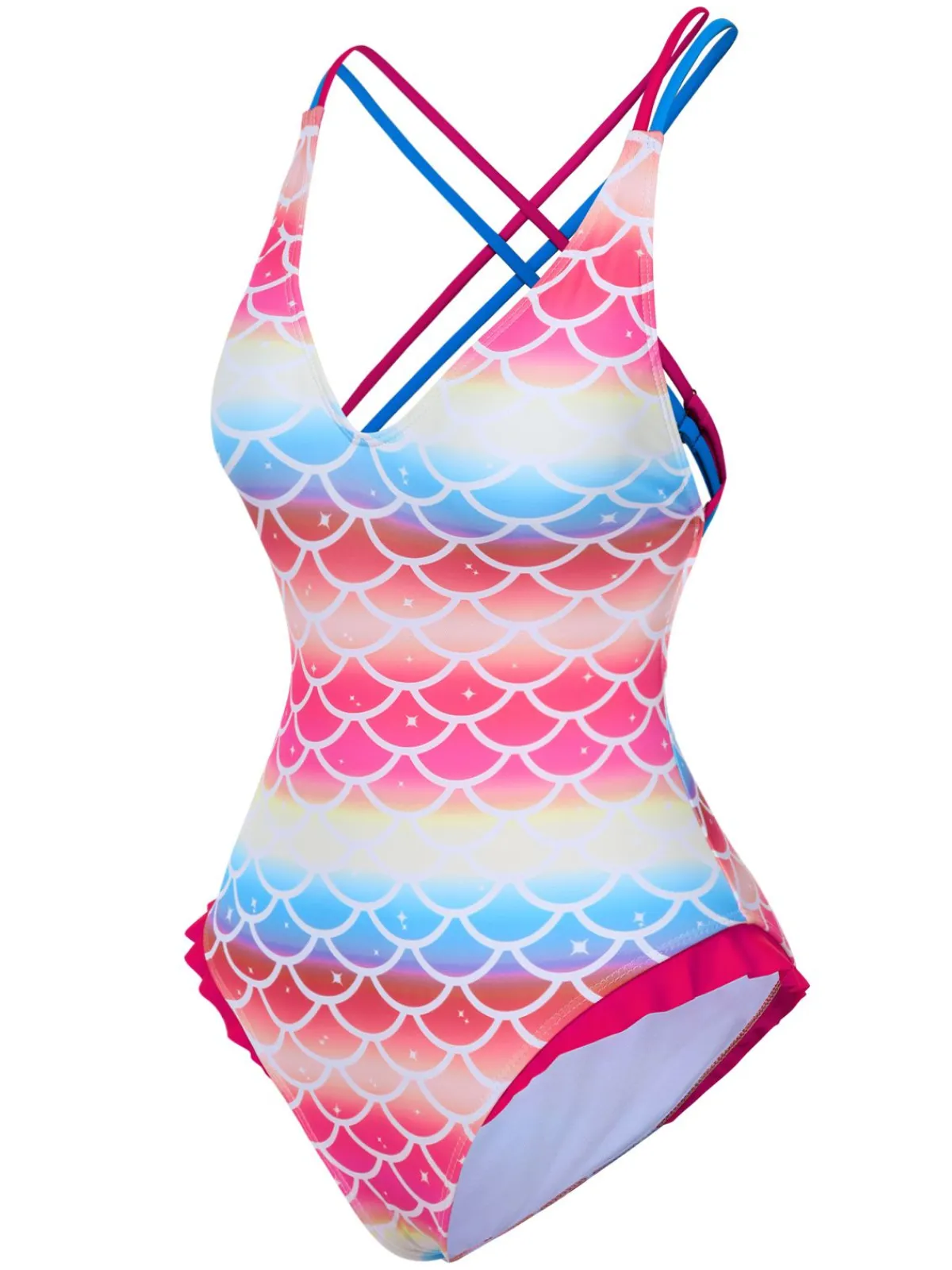 Hot Retro Stage Rainbow 1970s Mermaid Scale Ruffle One-Piece Swimsuit Pink