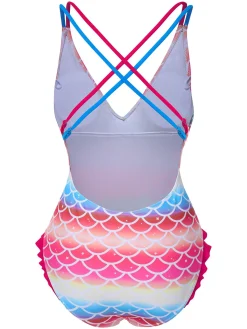 Hot Retro Stage Rainbow 1970s Mermaid Scale Ruffle One-Piece Swimsuit Pink