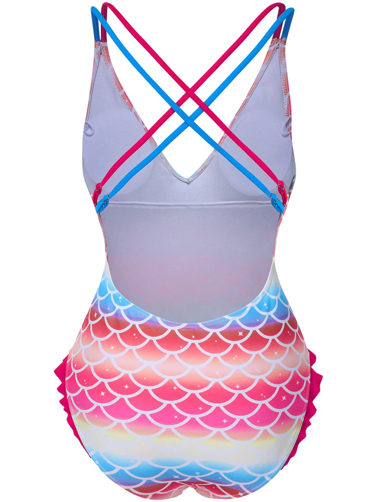 Hot Retro Stage Rainbow 1970s Mermaid Scale Ruffle One-Piece Swimsuit Pink