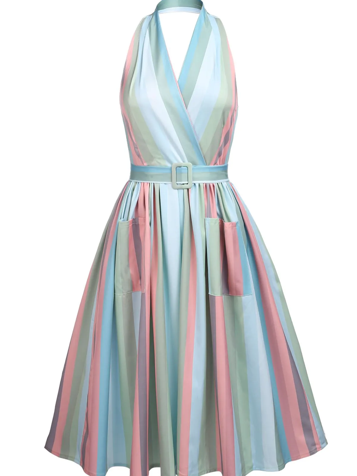 Discount Retro Stage 1950s Stripe Pocket Swing Dress Rainbow