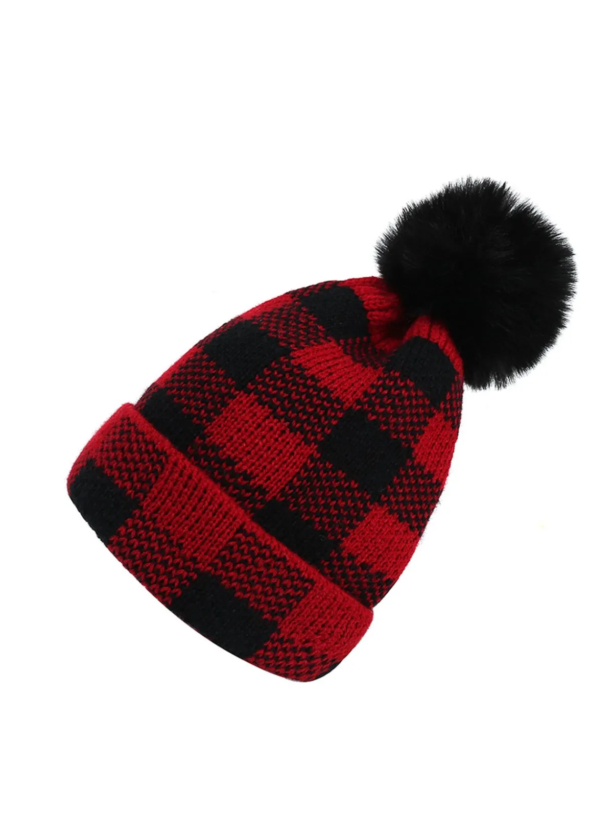 Hot Retro Stage Red & Black Plaid Hairball Knitted Child Hat