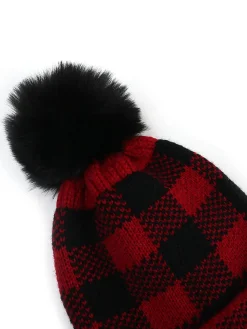 Hot Retro Stage Red & Black Plaid Hairball Knitted Child Hat