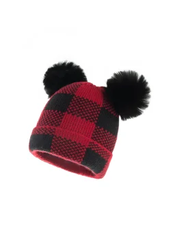 Sale Retro Stage Red & Black Plaid Hairball Knitted Parent Hat