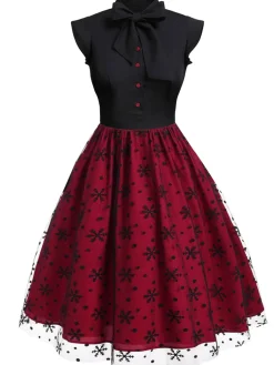 Outlet Retro Stage 1950s Christmas Tie Bow Mesh Dress Red & Black