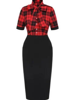 Clearance Retro Stage 1960s Plaid Bow Collar Pencil Dress Red & Black