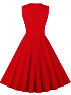 Fashion Retro Stage Red & Black 1950s Plaid V-Neck Dress