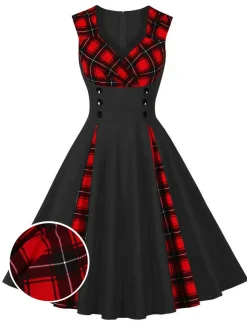 Fashion Retro Stage Red & Black 1950s Plaid V-Neck Dress