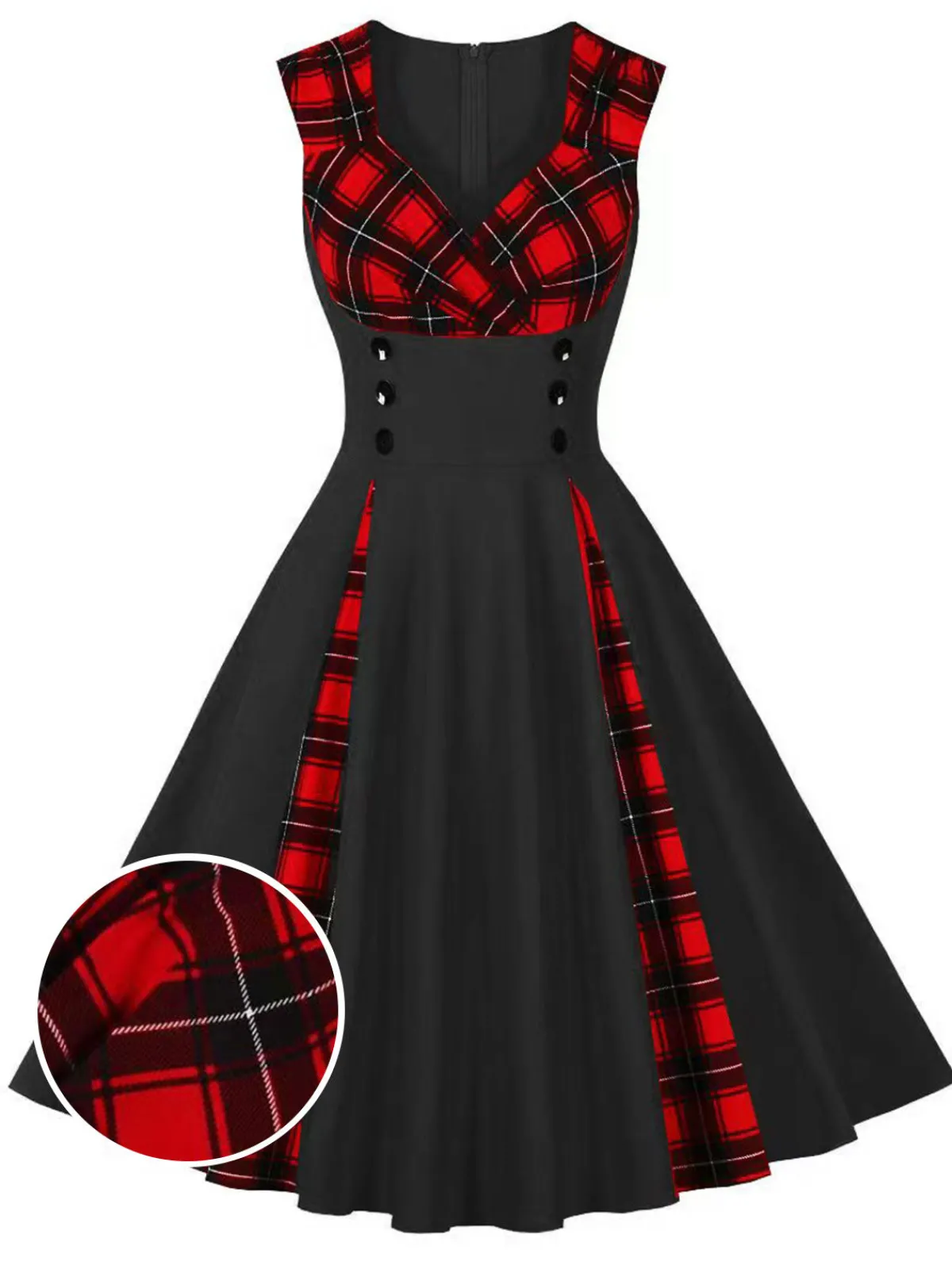 Sale Retro Stage Red & Black 1950s Plaid V-Neck Dress