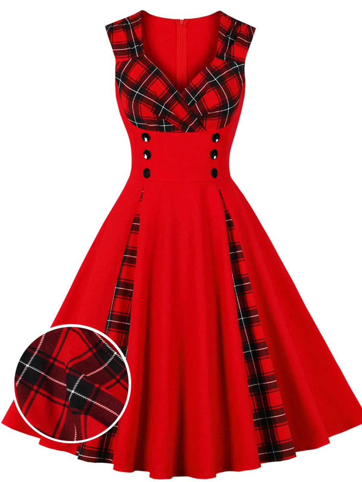 Sale Retro Stage Red & Black 1950s Plaid V-Neck Dress