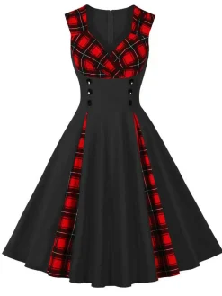 Sale Retro Stage Red & Black 1950s Plaid V-Neck Dress