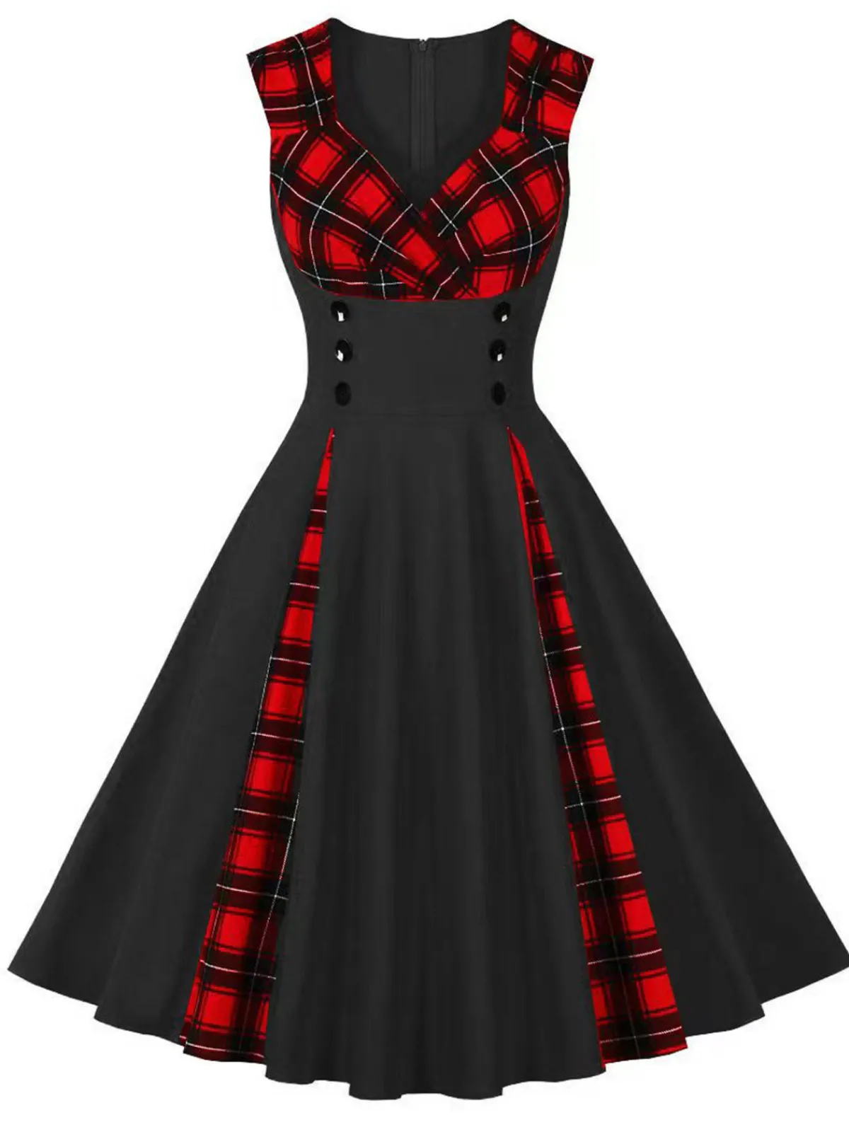 Sale Retro Stage Red & Black 1950s Plaid V-Neck Dress