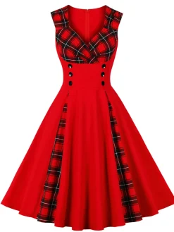 Sale Retro Stage Red & Black 1950s Plaid V-Neck Dress