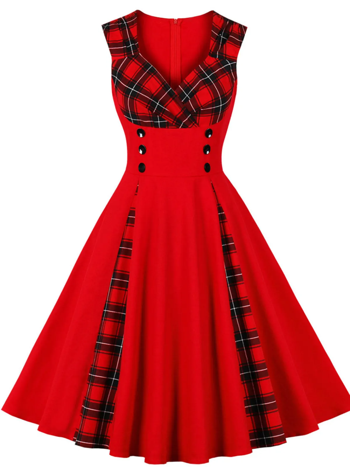 Sale Retro Stage Red & Black 1950s Plaid V-Neck Dress