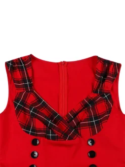 Sale Retro Stage Red & Black 1950s Plaid V-Neck Dress