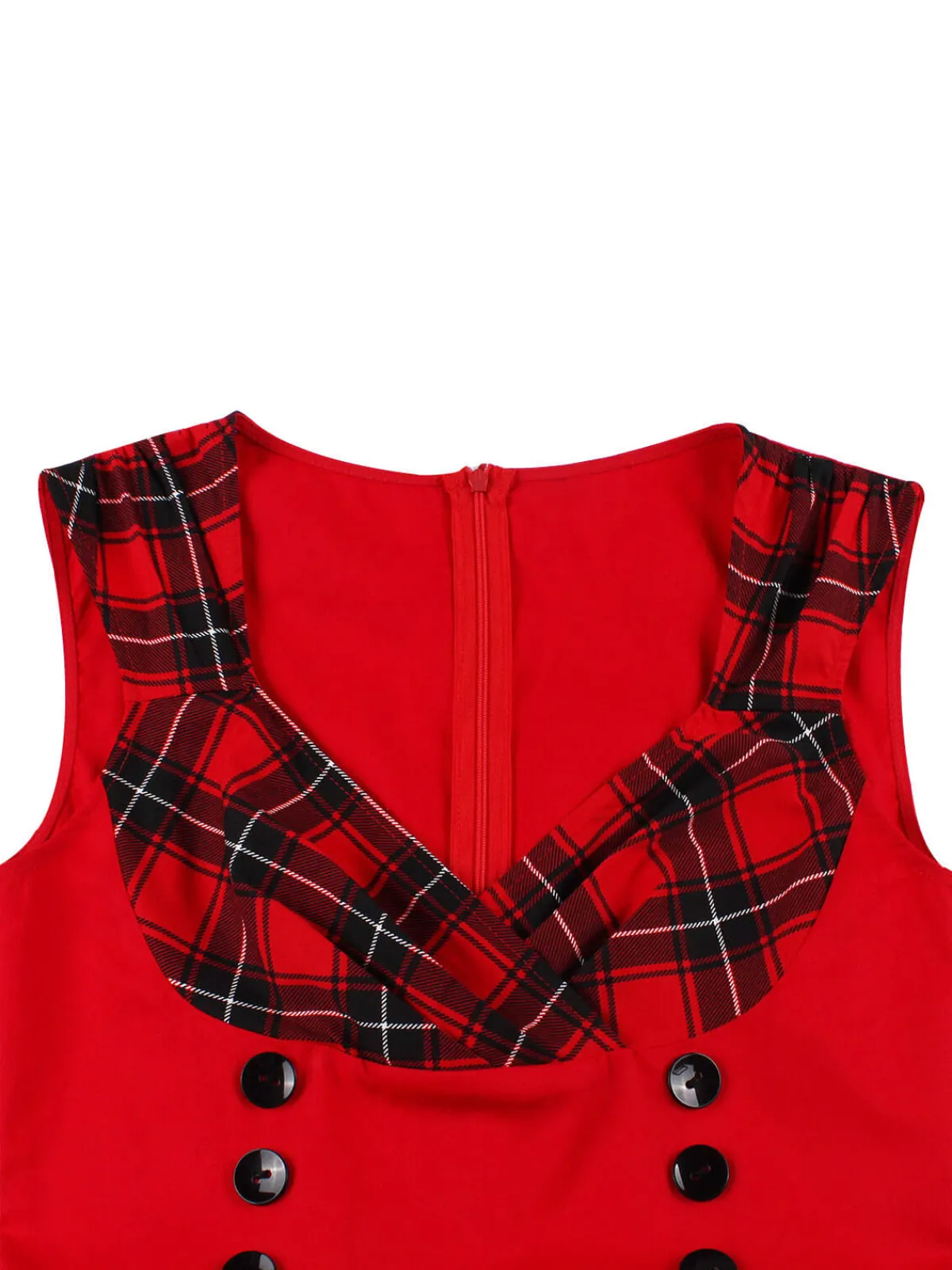 Sale Retro Stage Red & Black 1950s Plaid V-Neck Dress