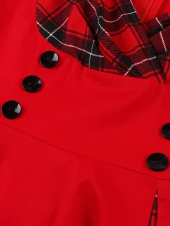 Sale Retro Stage Red & Black 1950s Plaid V-Neck Dress