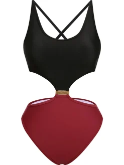 New Retro Stage 1950s Solid Patchwork Lace Up Swimsuit Red & Black