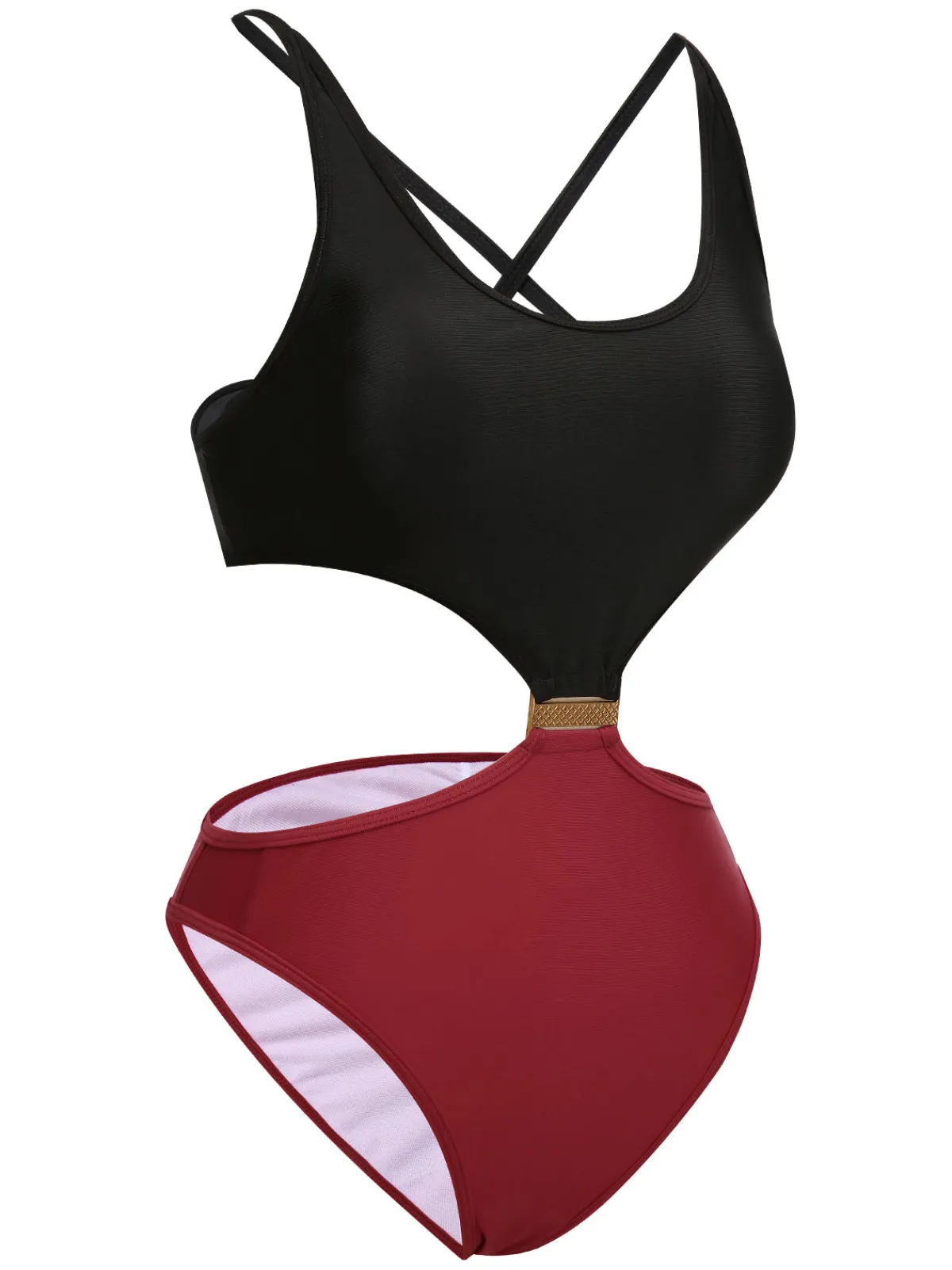 New Retro Stage 1950s Solid Patchwork Lace Up Swimsuit Red & Black