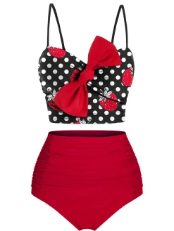 Discount Retro Stage & Black 1950s Strawberry Dots Bowknot Swimsuit Red