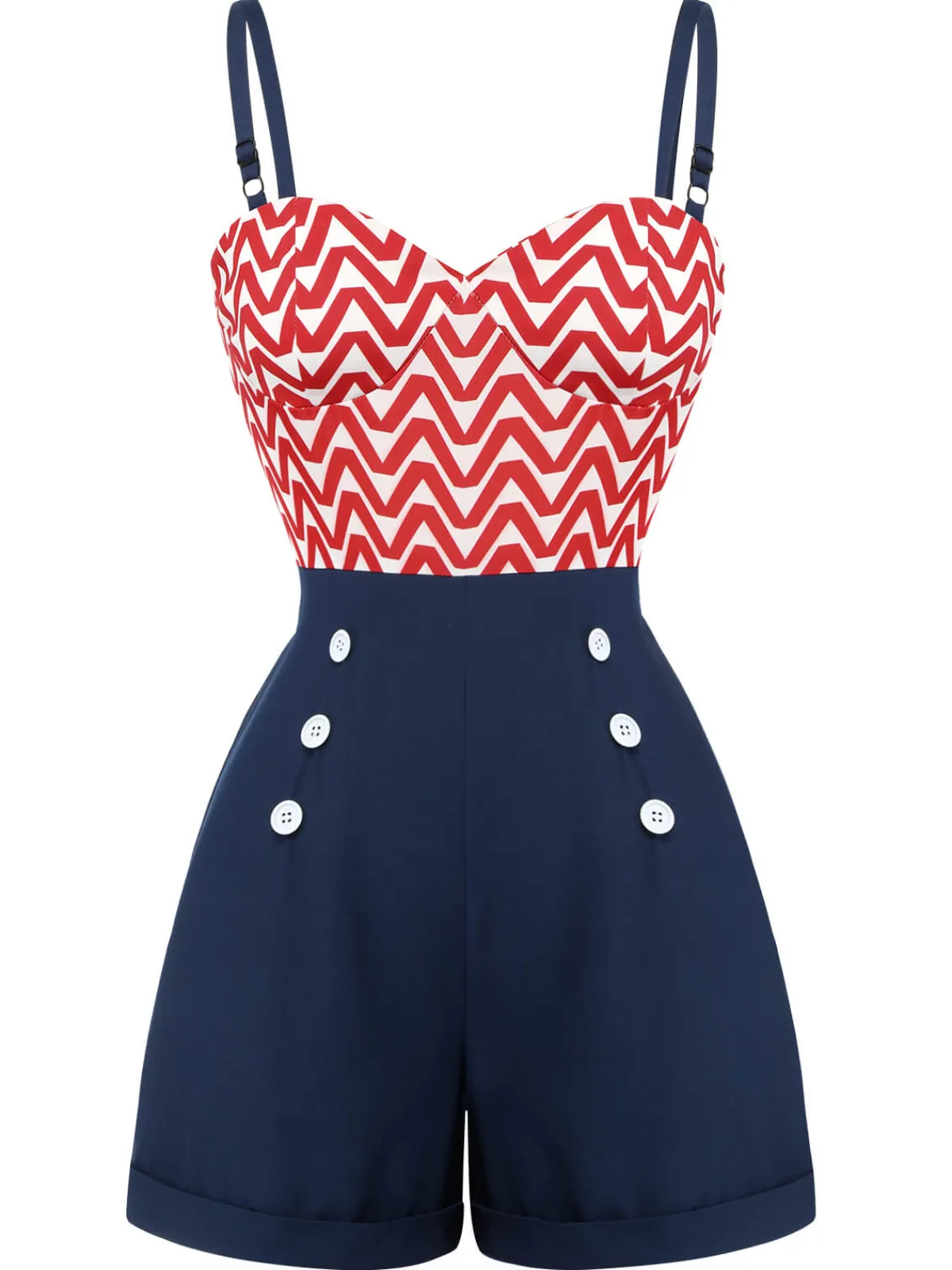 New Retro Stage Red & Blue 1950s Chevron Stripe Strap Romper Dark Blue