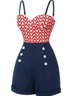 New Retro Stage Red & Blue 1950s Chevron Stripe Strap Romper Dark Blue