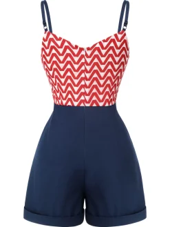 New Retro Stage Red & Blue 1950s Chevron Stripe Strap Romper Dark Blue