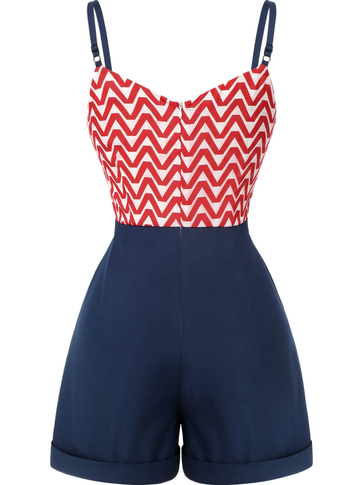 New Retro Stage Red & Blue 1950s Chevron Stripe Strap Romper Dark Blue