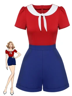 Hot Retro Stage & Blue 1950s Solid Tie Romper Red