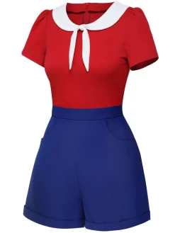 Hot Retro Stage & Blue 1950s Solid Tie Romper Red