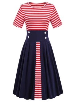 Clearance Retro Stage 1970s Stripe Patchwork Swing Dress Red & Blue