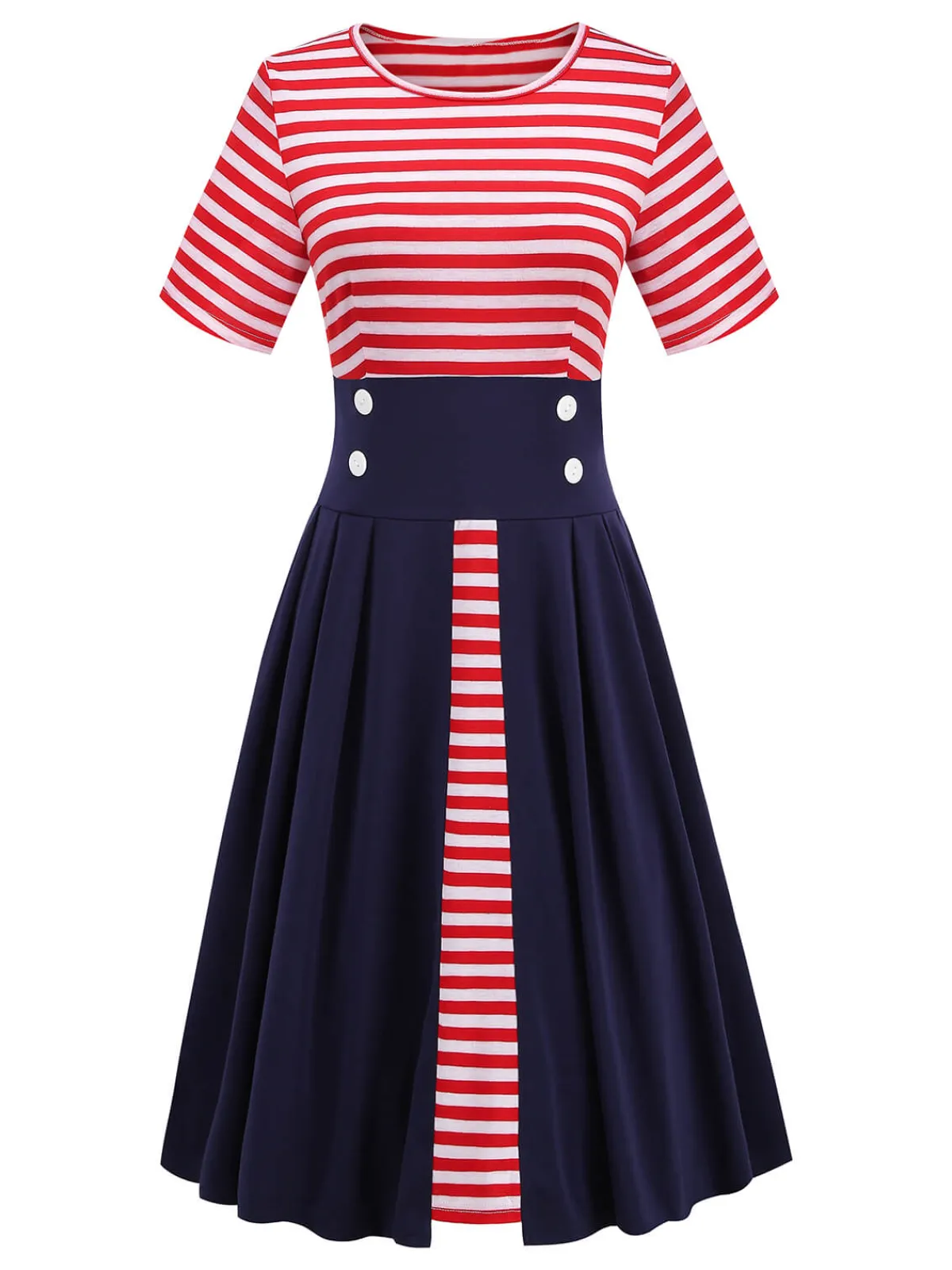 Clearance Retro Stage 1970s Stripe Patchwork Swing Dress Red & Blue