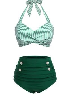 New Retro Stage Red & Blue 1940s Striped Halter Swimsuit Set