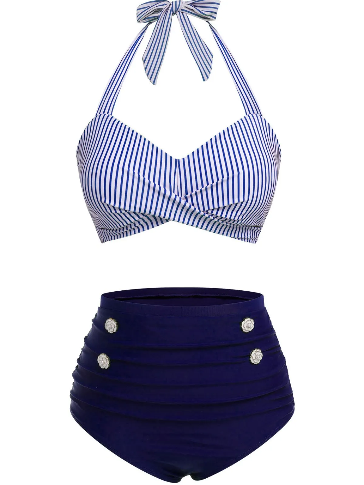 New Retro Stage Red & Blue 1940s Striped Halter Swimsuit Set