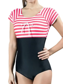 Hot Retro Stage & Blue 1940s Stripes Cut-Out One-Piece Swimsuit Red