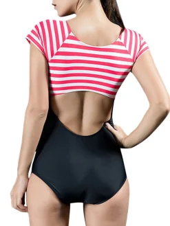 Hot Retro Stage & Blue 1940s Stripes Cut-Out One-Piece Swimsuit Red