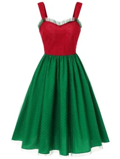Outlet Retro Stage 1950s Christmas Polka Dots Dress Red & Green