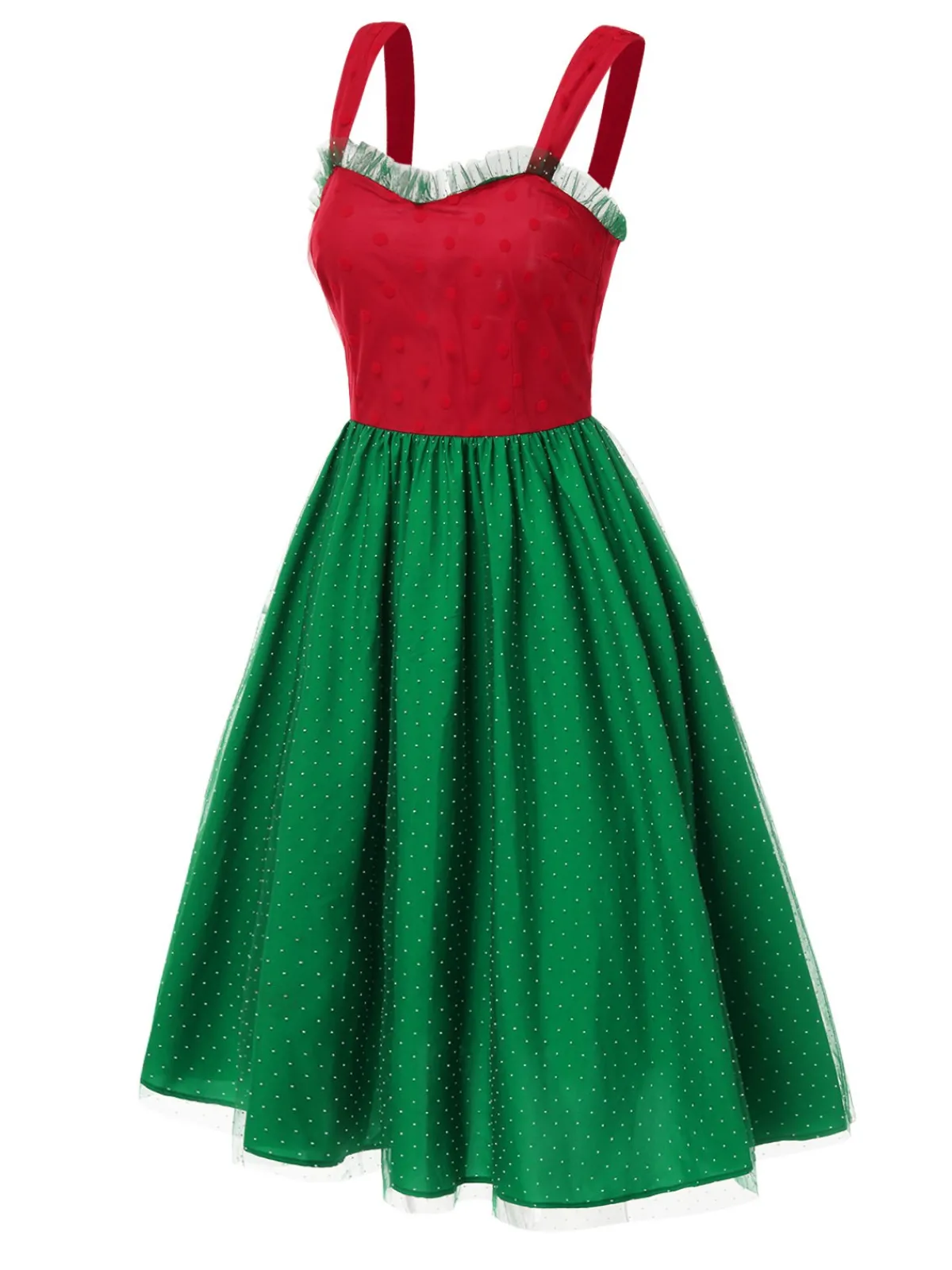 Outlet Retro Stage 1950s Christmas Polka Dots Dress Red & Green