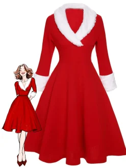 Best Retro Stage Red & White 1950s Christmas Lapel Dress