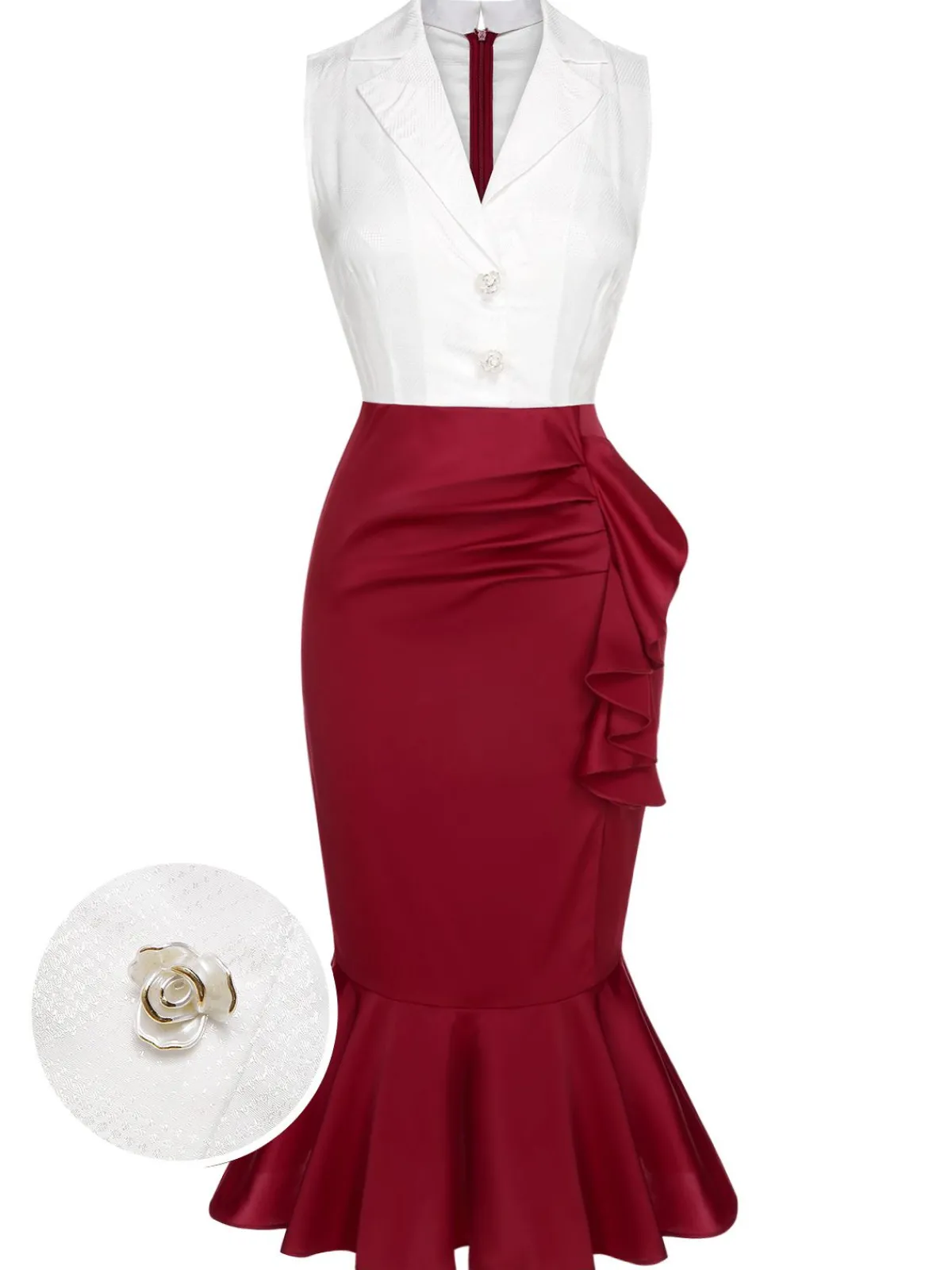 New Retro Stage 1930s Sleeveless Slit Fishtail Dress Red & White