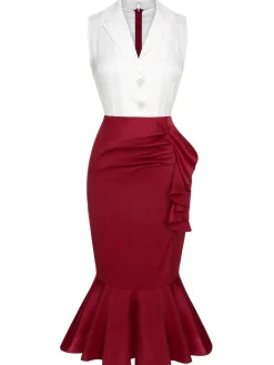 New Retro Stage 1930s Sleeveless Slit Fishtail Dress Red & White