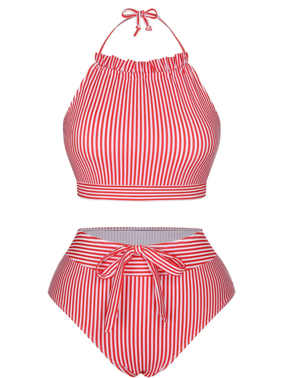 Best Retro Stage Red & White 1930s Striped Knot Halter Swimsuit Red&White