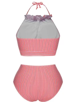 Best Retro Stage Red & White 1930s Striped Knot Halter Swimsuit Red&White