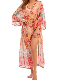 Online Retro Stage Red Floral Bohemian Lace-Up Cover Up