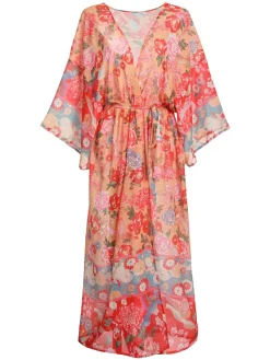 Online Retro Stage Red Floral Bohemian Lace-Up Cover Up