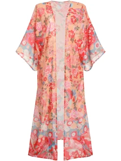 Online Retro Stage Red Floral Bohemian Lace-Up Cover Up