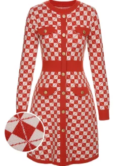 Best Retro Stage 1940s Argyle Check Knitted Pencil Dress Red